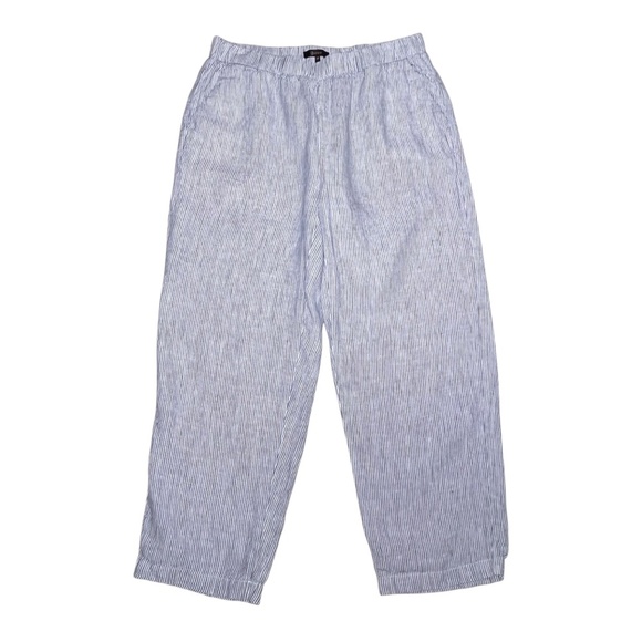 Quince 100% European Linen Pants Blue White Pinstripe Cropped Size Medium Preppy - Picture 5 of 9